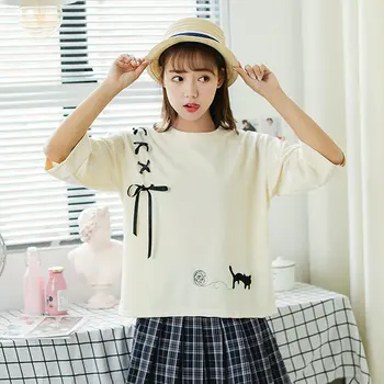 Korejski 2020 Poletje Precej Trakom Čipke Lok Risanka Tiskanja Svoboden Tee T Shirt Vrh Japonski Lolita Punca 90. letih Študent T-Shirt 2020
