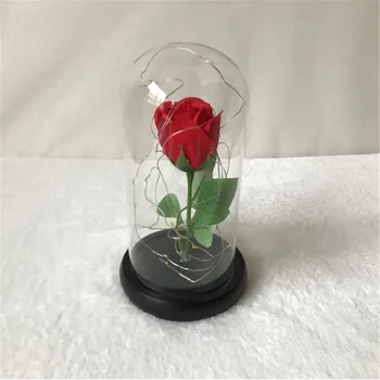 Lepota In Zver Rdeče Večno Rose V Stekleno Kupolo Z LED baker Svetlobe Leseno Osnovo Za Poroko valentinov materinski Dan Darilo