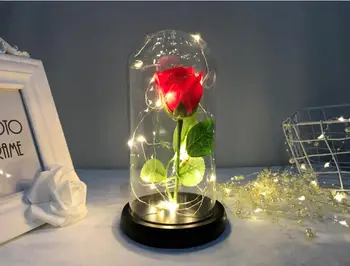 Lepota In Zver Rdeče Večno Rose V Stekleno Kupolo Z LED baker Svetlobe Leseno Osnovo Za Poroko valentinov materinski Dan Darilo