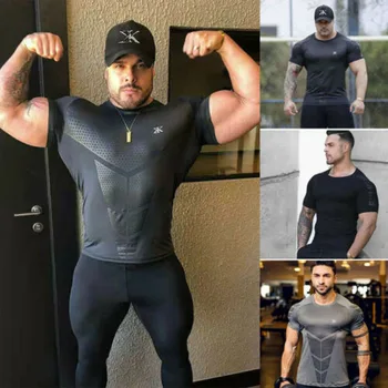 2019 Novo blagovno Znamko Fashion Men ' s Fitness Atletske Hitro Sušenje Elastična T-shirt Kratek Rokav BodyBuilding