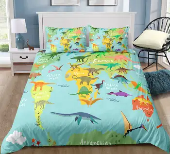 3d-zemljevidu sveta posteljnina določa zelena in bela, kot ozadje živali dinozaver zemljevidu sveta natisnjeni srčkan posteljnina kompleti za fante in dekleta
