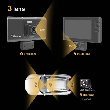 3 Objektiv Avto DVR Kamera snemanje Videa Full HD 1080P 170 Stopinj Dash Cam 3.2