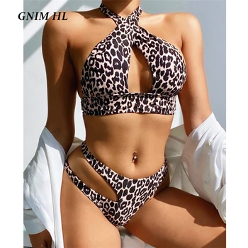 GNIM Seksi Votlih Iz Leopard Ženske Kopalke Bikini Komplet 2021 Križ Vratu Povoj Kopalke Push Up 2 Kosa, Plavanje Obleko Za Ženske