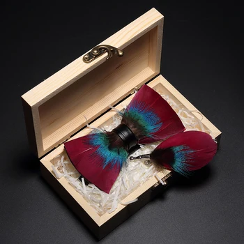 GUSLESON Izvirno Novo Oblikovanje Naravnih Pero Lok kravato Lepe Ročno Izdelane Mens BowTie Broška Pin Lesene Gift Box Set za Poroko