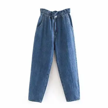 Suho angliji high street zbiranje pasu žepi jeans ženska visok pas, jeans svoboden harem fant jeans za ženske