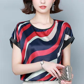 Korejski Svile Ženske Bluze Vrhovi Poletje Ženska Prugasta Bluzo Top Plus Velikost Ženske Saten Tiskanje Majice Blusas Mujer De Moda 2020 XXXL