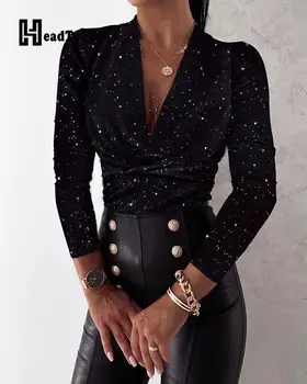 Tiskani Potopite Ruched Long Sleeve Zgornji Del Ženske Bluze Elegantno Seksi Večer Bluze