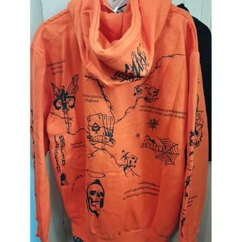 Oranžna Vezenje Puloverju s Kapuco Hip Hop Grafiti Lobanja, Tiskanje Hoodie in Majica Moški Ulične Flis pulover s kapuco Mestnih Oblačila