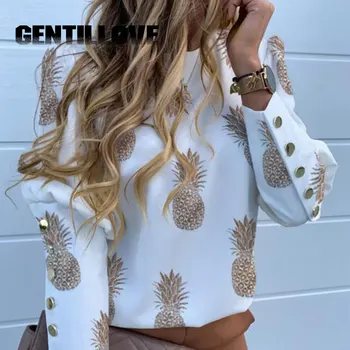 Vintage Ženske Puff Ramenski Bluzo Urad Dama Kovinski Gumb Deco Plus Velikost Majica Fashion Ananas Tiskanja Dolg Rokav Vrhovi