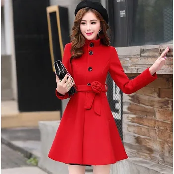 Ženske vrhnja oblačila jesensko zimske 2020 Nova oblačila Koreja modni pas tople volnene obleko mešanice Slim ženske elegantne volnene plašč 899i