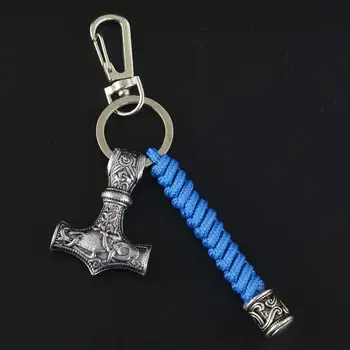 Viking Thor Kladivo Mjolnir keychain Norse Skandinavskih Amulet Bog Keyring Modra Paracord Keychain Vrvica za moške Nakit Darilo