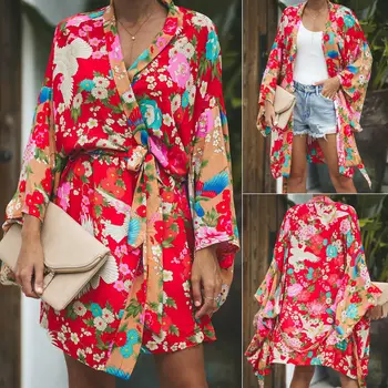 2021 Modna Ženska Priložnostne Jopico Boho Cvetlični Odprite Cape Priložnostne Plašč Plaži Svoboden Rastlinskih vrst Tiskanih Bluzo Vrhovi kimono Dolgo Cardigan