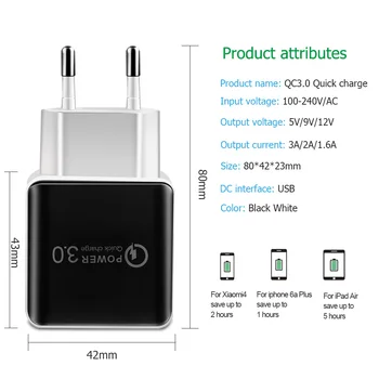 Univerzalni QC3.0 Polnilnik USB EU Plug 18W Hitro Polnjenje 3.0 Hitro Adapter Steno Mobilni Telefon, Polnilec Za iPhone XS MAX XR 7 8 Samsung