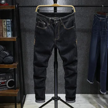 Moški ulične Stretch fit Slim Krap vezenje Jogger Jeans hlače Japonski, Kitajski slog Človek bombaž priložnostne traper hlače