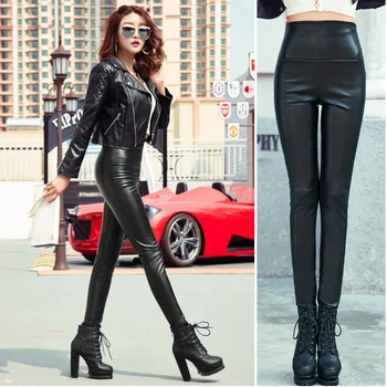 2020 PU Visoka vitka elastična dokolenke Črni jesen zima nov modni vgradnjo suh dokolenke hlače ženske