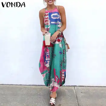 Moda Cvetlični Obleko Žensk Jeseni Sundress 2021 VONDA Priložnostne Povodcem Split Obleke Maxi Vestidos Ženski Asimetrični Robe Oblačenja