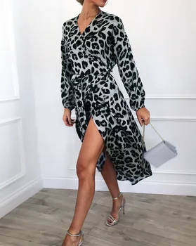 ženske Leopard dolgo obleko Sashes Polno Luč Rokav Proti-Vrat Seksi & Klub bela črna rjava 2019 poletje modi dolge obleke