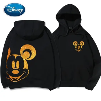 Disney Majica Mickey Mouse Risanka Tiskanja Zlato Kemičnih Foiled Tkanine Hoodie Unisex Ženske Dolg Rokav Pocket Vrhovi 5 Barv