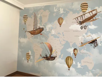 Veliki Svetovni zemljevid Zrakoplova Balon na Vroč Zrak 3D Cartoon Ozadje Freske 3d Photo Zidana za Otroške Sobe 3d Cartoon Stenske papirne Nalepke