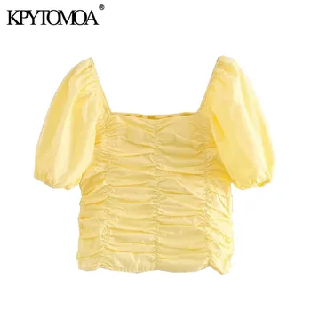 KPYTOMOA Ženske 2020 Sweet Modni Naguban Odrezana Vintage Bluze Kvadratnih Ovratnik Nazaj Elastična Ženske Majice Blusas Elegantna Vrhovi