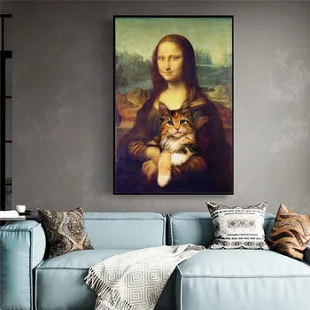 Mona Lisa ima Mačka Smešno Umetnosti Platna Slike Na Steni Umetnosti Plakatov In Fotografij Da Vinci Znanih Umetniških Slik Cuadros
