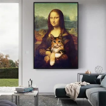 Mona Lisa ima Mačka Smešno Umetnosti Platna Slike Na Steni Umetnosti Plakatov In Fotografij Da Vinci Znanih Umetniških Slik Cuadros