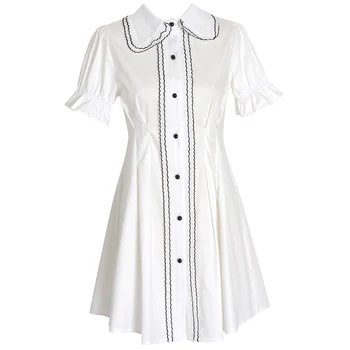 2020 Peter Pan Ovratnik Srčkan Mini Obleke Vroče Ženske Korejski, Japonski Slog Flhjlwoc Datum Dekleta Stranka Beli Gumb Shirt Obleko 4608