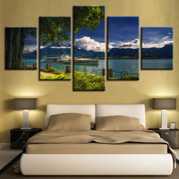 Dekor Slikarstvo Wall Art Natisne 5 Kosi Drevesa, Jezera Čoln Gore In Modro Nebo, Beli Oblak Kulise, Platno, Slike, Modularno Plakat