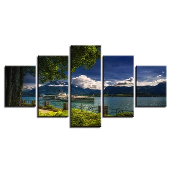 Dekor Slikarstvo Wall Art Natisne 5 Kosi Drevesa, Jezera Čoln Gore In Modro Nebo, Beli Oblak Kulise, Platno, Slike, Modularno Plakat