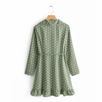 Vintage boho Polka Dot Stranka zelena Obleka Ženske Seksi V Vratu elegantno Ruffle Mini Obleka 2019 Poletje obleko korejski oblačila Vestidos