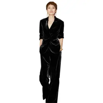Moda žametno obleko žensk pomlad New England slog temperament črno zlato žametni suknjič + hlače obleko, dvodelno, ženske