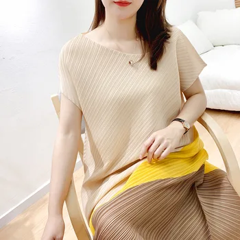 Poletje Obleko Za Ženske Plus Velikost 45-75kg 2020 Moda Mozaik Krog Vratu Kratka Sleeved Svoboden Elastična Miyake Naguban Dolgo Obleko