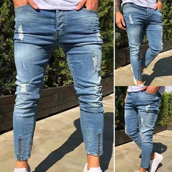 Moški Zadrgo Skinny Jeans za Moške Stretch Plus Velikost Raztrgala Modre Hlače Znanih Slim Fit Traper Hlače Uničeno Luknjo Kavbojke