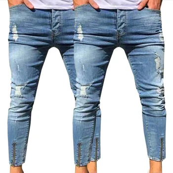 Moški Zadrgo Skinny Jeans za Moške Stretch Plus Velikost Raztrgala Modre Hlače Znanih Slim Fit Traper Hlače Uničeno Luknjo Kavbojke