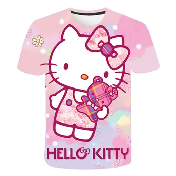 Roza Luštna Serija Dekleta Kratek Rokav, Nove 3D Kitty Cat Dekleta T-Shirt Poletje Dihanje Udobna otroška Oblačila