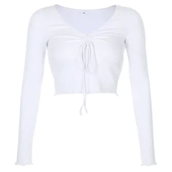 E dekle, belo srajco poletje osnovne dollskilling T-shirt Pletene ženske majice dolg rokav Y2K 90. letih estetske ruffle vrhovi
