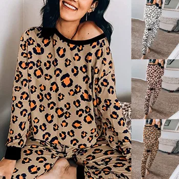 Ženska Nova Dva Kosa Obleko Pajama Določa Leopard Tiskanja Dolg Rokav Vrh Vrvico Dolge Hlače, Pižame Blazine Obleke Moda