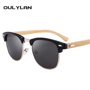 Oulylan Polarizirana Sončna Očala Moški Ženske Les, Bambus Retro Sončna Očala Blagovne Znamke Design Klub Krog Sunglass Vožnje Pol Okvir Očal