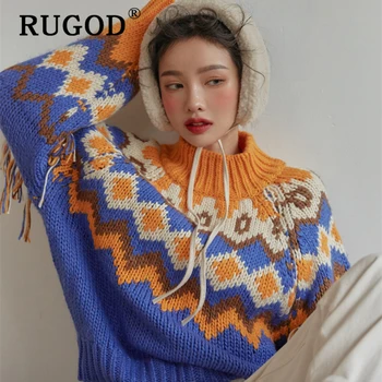 RUGOD Elegantna pletene mozaik pulover ženske, korejski luč rokav folk-po meri puloverji ženska Moda auturm topel pulover plašč