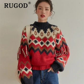 RUGOD Elegantna pletene mozaik pulover ženske, korejski luč rokav folk-po meri puloverji ženska Moda auturm topel pulover plašč