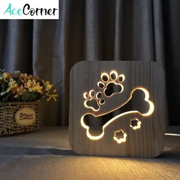 Acecorner Creative 3D Lesene Noč Svetlobe Pes Kosti Šapa LED USB Živali Lučka Novost Otrok Spalnica Dekor Lampara Tabela Otrok Darilo