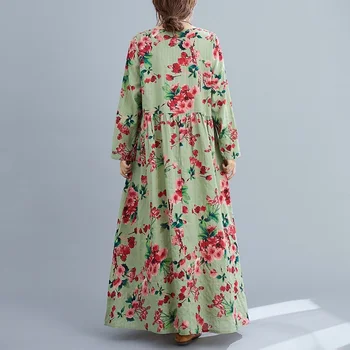 Dolg rokav plus velikost bombaž perilo letnik cvetlični za ženske priložnostne svoboden jeseni obleko elegantna oblačila 2021 ženske obleke