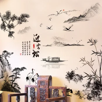 Kitajski Slog, Črnilo Slikarstvo Krajine Stenske Nalepke Borovih Čoln Home Decor Art PVC Vinil Ozadje Bambusa Gorske Stene Decals