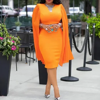 Oranžna Ženske Bodycon Obleke, Elegantne Stranka Večerja Midi Obleko Haljo Afriške Naguban Šal Rokav Naravnost Obleke 2020 Vestiods