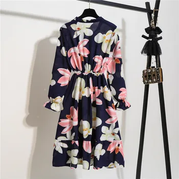 Pomlad Korejski Lok Elegantno Linijo Obleko 2020 Midi Šifon Obleke Letnik Cvjetnim Tiskanja Obleka Ženske Poletje Stranka Obleko Vestido