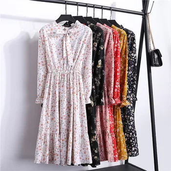 Pomlad Korejski Lok Elegantno Linijo Obleko 2020 Midi Šifon Obleke Letnik Cvjetnim Tiskanja Obleka Ženske Poletje Stranka Obleko Vestido