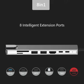 HUB Adapter 6 v 1 USB 3.0 za Visoke Hitrosti Vrata Tip-C Zvezdišče Usb-C do 4K 30HZ HD Laptop Rj45 Gigabit Ethernet Omrežja PD Hub