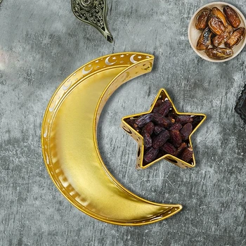 Eid Mubarak Luna Zvezde, Ki Služijo Pladenj Je Namizna Namizna Shranjevanje Živil Muslimanskih Islamsko