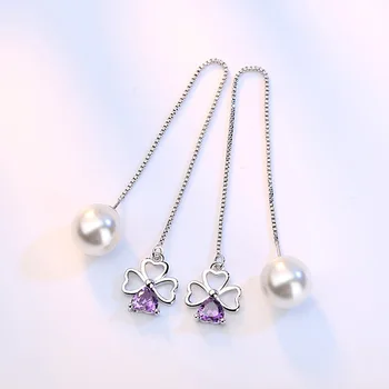 925 sterling srebrni modni purple kristalno pearl ženske'long stud uhani nakit za ženske, darilo za rojstni dan poceni