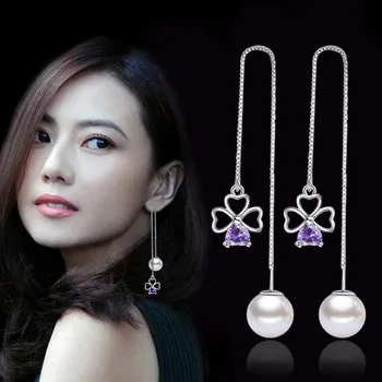925 sterling srebrni modni purple kristalno pearl ženske'long stud uhani nakit za ženske, darilo za rojstni dan poceni